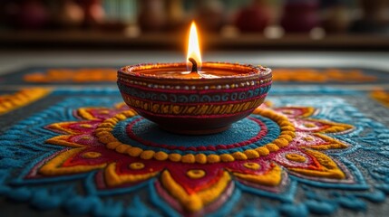 Illuminated diya on colorful rangoli.