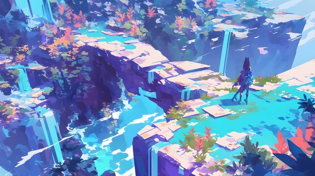 Rushing riverbed in vibrant platformer level with dynamic water and stepping stones