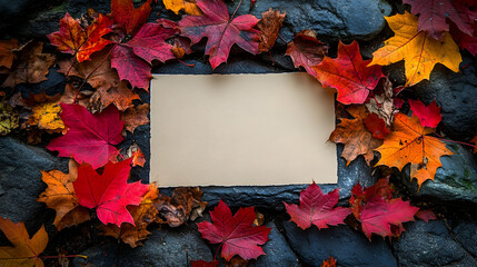 Obraz premium Autumn leaves framing a blank card on stones.