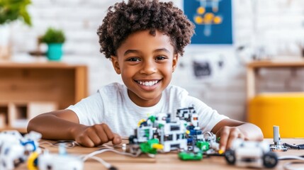 A smiling young Black boy works on robotics projects at a wooden desk in a bright, modern classroom.