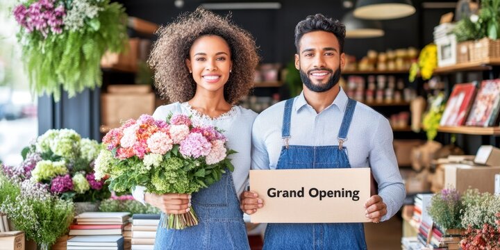 A smiling Black couple in aprons hold a "Grand Opening" sign and fresh flowers, standing proudly in their new flower shop.