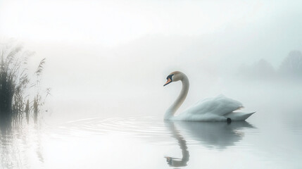 Fototapeta premium Trauernder Schwan im Nebel – Elegante Symbolik für Abschied und Gedenken