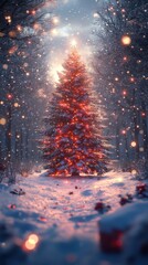 Snowy Christmas Night with a Brightly Decorated Tree and Gift Boxes