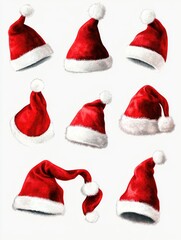 Set of nine different styles of Santa Claus hats, each with a unique design and color. Perfect for Christmas celebrations or winter festivities.