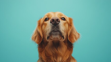 Fototapeta premium A cute golden retriever sitting upright with a playful expression, framed against a bright blue background