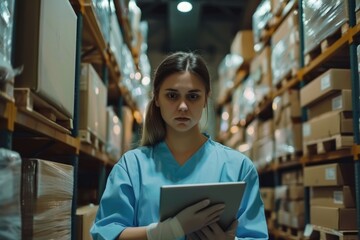 Fototapeta premium Young female worker in sterile clothes uses tablet in factory storage.