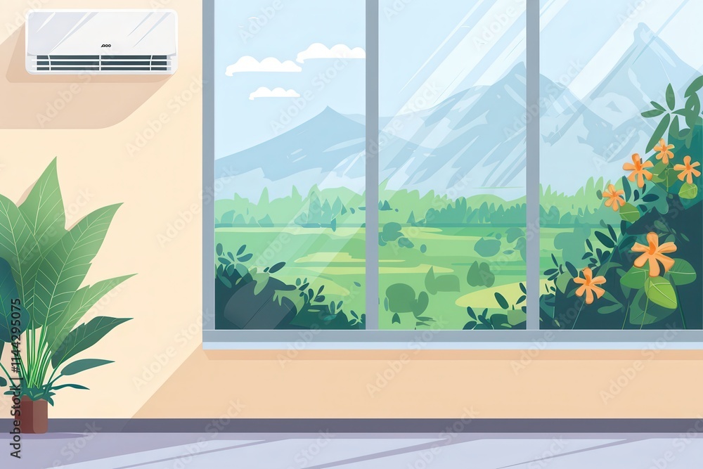 Aufkleber modern air conditioner mounted on wall beside open window with scenic mountain view and vibrant foli