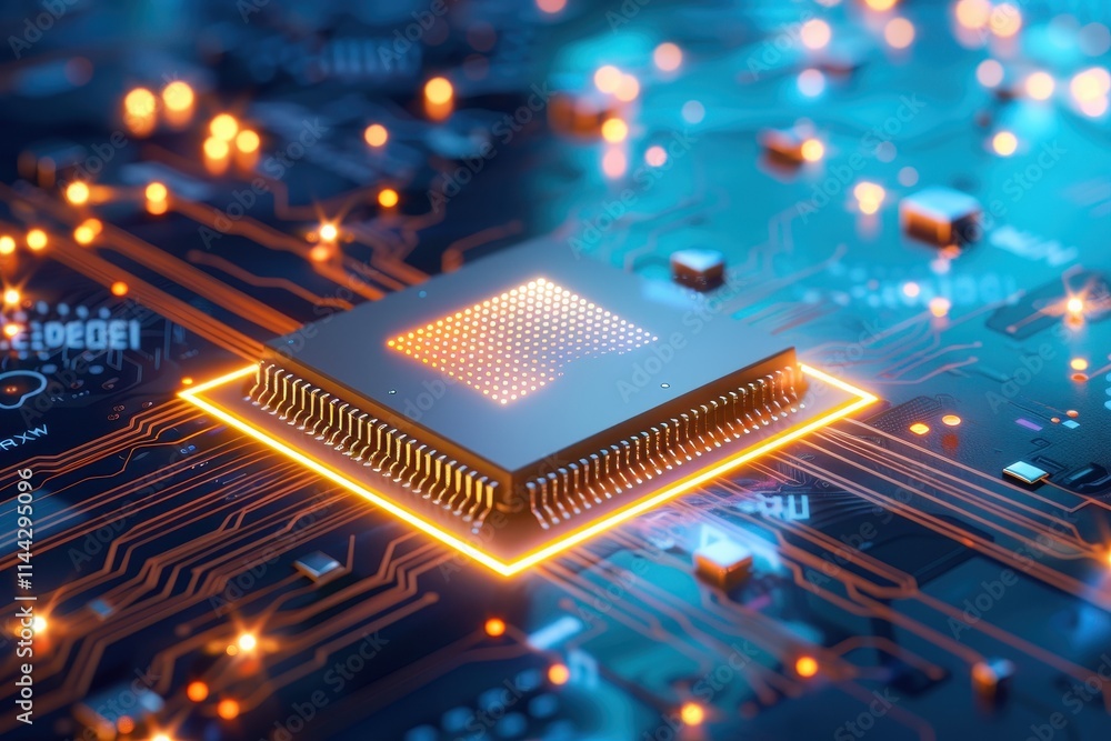 Poster a close-up view of a modern microchip on a circuit board, illuminated by blue lights, showcasing int