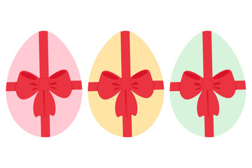 Painted chicken eggs in trendy festive colors with red ribbon bow. Easter design elements idea Set 3