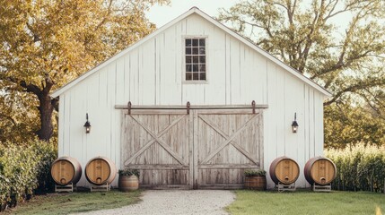 Rustic white barn with large wooden doors, wine barrels, and autumnal trees.