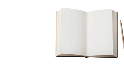 A large open book with blank pages on a white background, perfect for showcasing designs, sketches, or handwritten notes. Ideal for educational, artistic, or creative presentations..