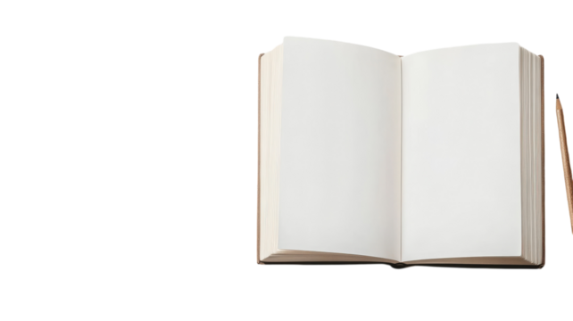A large open book with blank pages on a white background, perfect for showcasing designs, sketches, or handwritten notes. Ideal for educational, artistic, or creative presentations..