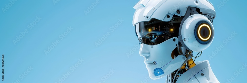 Aufkleber a futuristic robotic head with sleek design, featuring high-tech elements and a blue background, sug