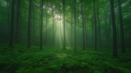 Fototapeta premium Serene forest with sunlight filtering through trees.
