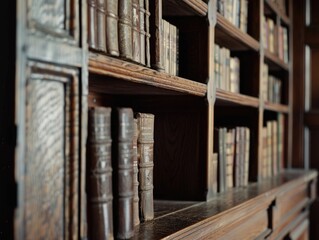 Obraz premium Vintage wooden bookshelf filled with classic leather bound books. A symbol of traditional education and knowledge.