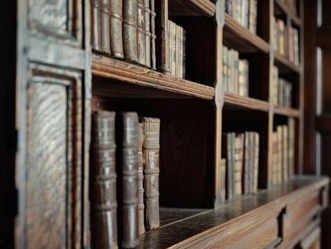 Vintage wooden bookshelf filled with classic leather bound books. A symbol of traditional education and knowledge. - Powered by Adobe