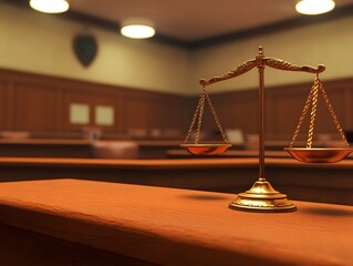 Golden scales of justice on courtroom table.