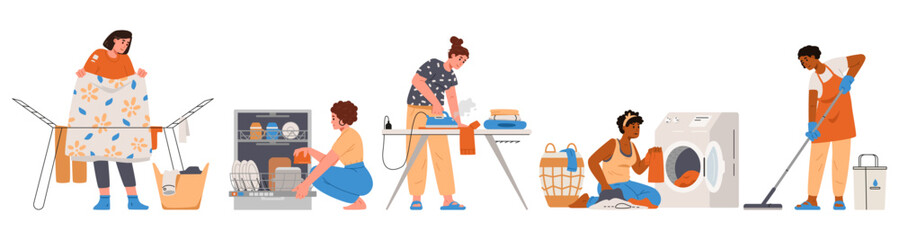 Women of different ethnicity doing house chores flat vector illustrations set isolated on white. 