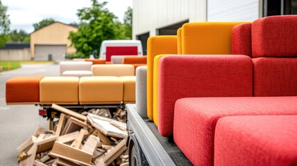 Fototapeta premium Colorful, modern cushions stacked on a truck, highlighting furniture transportation amidst wooden debris for replacement furniture in the background.