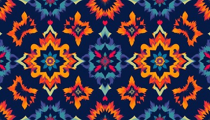 Vibrant Kaleidoscope Floral Pattern on Dark Blue Background