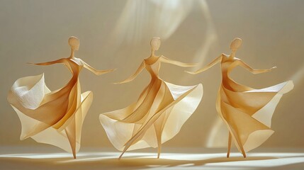 Three elegant, stylized dancers crafted from natural materials, poised in a graceful dance.