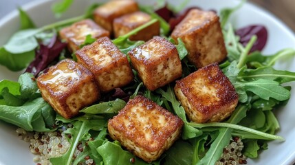 Air-fried tofu cubes served on a bed of fresh greens and quinoa, drizzled with a light dressing for a healthy meal
