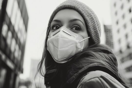 Female walking urban area, face mask protection against virus. - Powered by Adobe