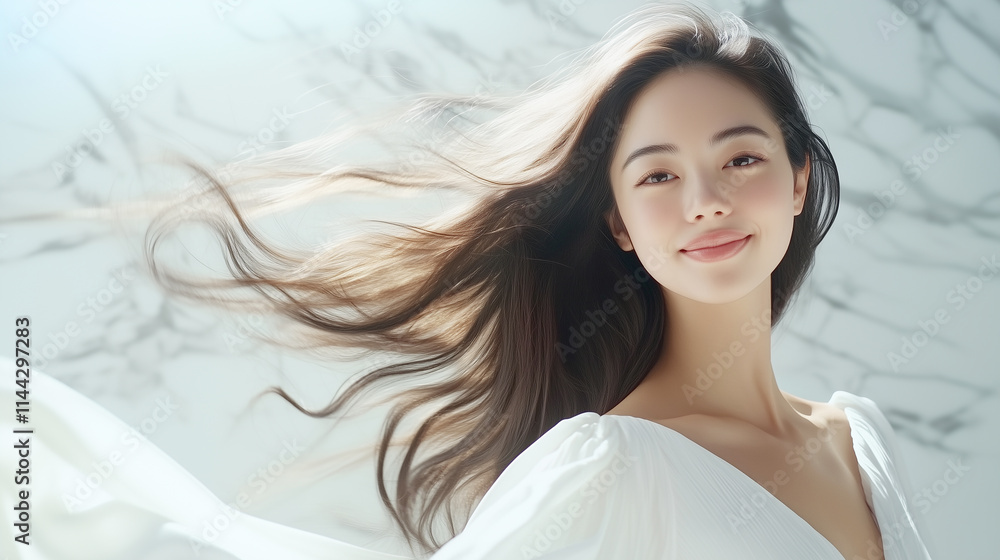 Poster 笑顔の美しいアジア人女性モデル。美しい長い髪が靡き、美しい肌が輝く美容ポートレート。