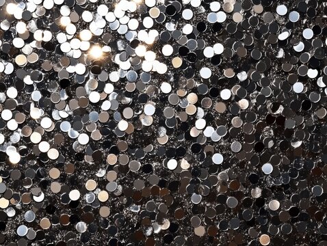 Shiny silver sequins scattered across a dark fabric, creating a luxurious and eye-catching texture.
