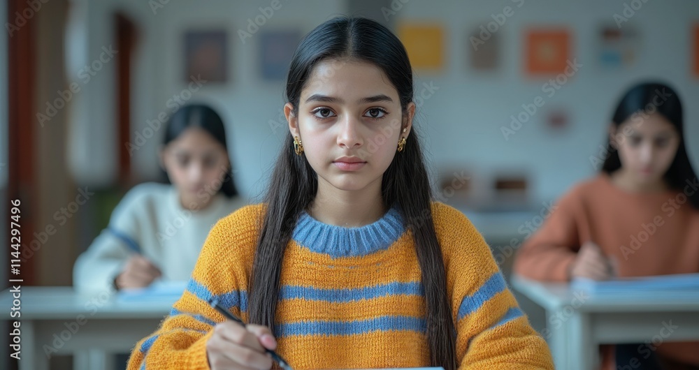 Poster student focused in a classroom setting during an exam.