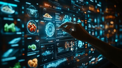 A glowing digital interface displaying futuristic food data and nutritional analysis, with a hand interacting with the holographic elements against a dark, high-tech background