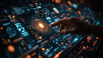 A glowing digital interface displaying futuristic food data and nutritional analysis, with a hand interacting with the holographic elements against a dark, high-tech background