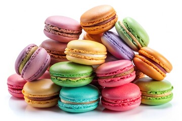 Obraz premium Delicious French Macarons, Colorful Macaron Assortment, Sweet Pastry, Heap of Macarons, Isolated White Background, High-Resolution Macaron Photo, Bakery Photography