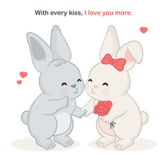 Template of Valentine's day card with two hand drawn cute bunnies holding hands. The gray bunny leans in for a kiss, while the white bunny, wearing a red bow, holds a bouquet of pink flowers