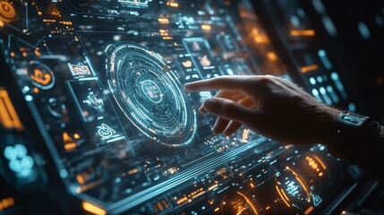 A glowing digital interface displaying futuristic food data and nutritional analysis, with a hand interacting with the holographic elements against a dark, high-tech background