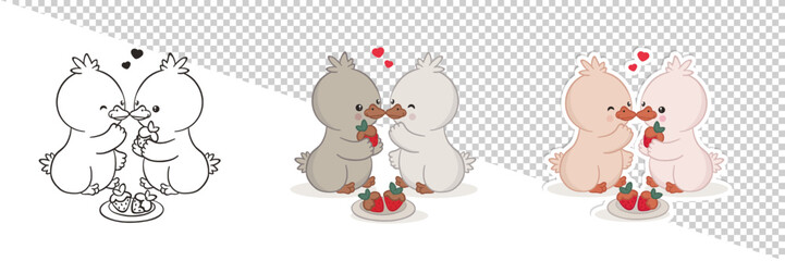 Romantic Valentine's day set of colorful hand drawn, outline illustrations and cute sticker with two charming cartoon ducklings share chocolate-covered strawberries together, surrounded by hearts. 