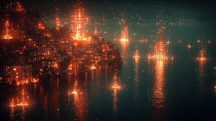 Fototapeta premium Nightfall over the Illuminated Coastal Cityscape