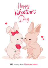 Valentine's day cartoon greeting card with two cute chubby bunnies kissing each other. The beige bunny, wearing a red bow, holds red flowers, while hearts float around, symbolizing affection and love.