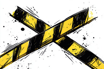 Black and yellow police tape crossed by two thin diagonal lines. drawn in a cartoonish comic book style. on a white background, try crime