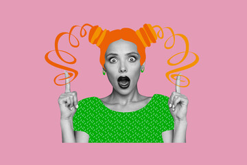 Composite trend artwork 3D sketch image photo collage of young woman shocked face omg emoji finger point ends hairdo style coloring