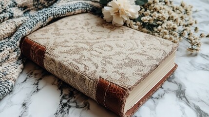 Fototapeta premium A vintage book surrounded by flowers and a cozy blanket.