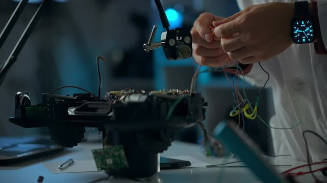 A person works diligently in a lab, focused on dissecting a complex electronic device. Colorful wires and circuit boards are meticulously examined under soft lighting
