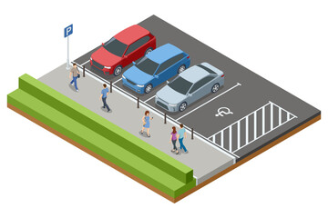Isometric illustration of a parking lot with three vehicles and a designated handicap spot. Adjacent to the parking area is a pedestrian pathway with people walking along a landscaped hedge © Golden Sikorka