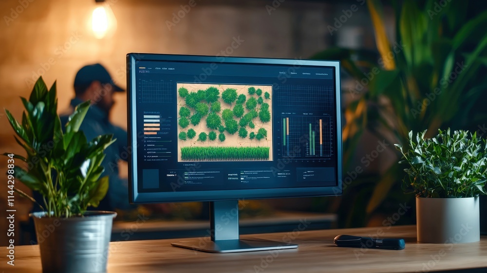 Poster a modern workspace featuring a monitor displaying data analysis, with green plants in the foreground