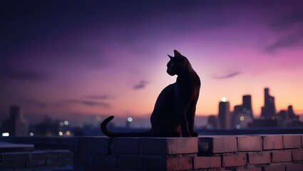 Naklejka premium Moody Urban Rooftop at Twilight with Black Cat Silhouette, Vibrant Sunset and Distant City Lights 