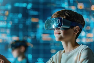 A young boy explores a virtual world using VR goggles, immersed in a futuristic digital environment filled with glowing data.