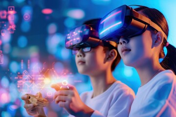 Two children wearing VR headsets engage in an immersive gaming experience, surrounded by colorful digital elements and futuristic visuals.