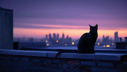 Moody Urban Rooftop at Twilight with Black Cat Silhouette, Vibrant Sunset and Distant City Lights  
