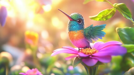 Fototapeta premium Colorful Hummingbird Perched on Vibrant Flower with Sunlight