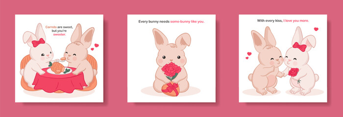 Set of Valentine's day cute cartoon hand drawn greeting card with various romantic illustration: kawaii adorable chubby bunnies eating carrot together, kissing and rabbit with heart-shaped gift box